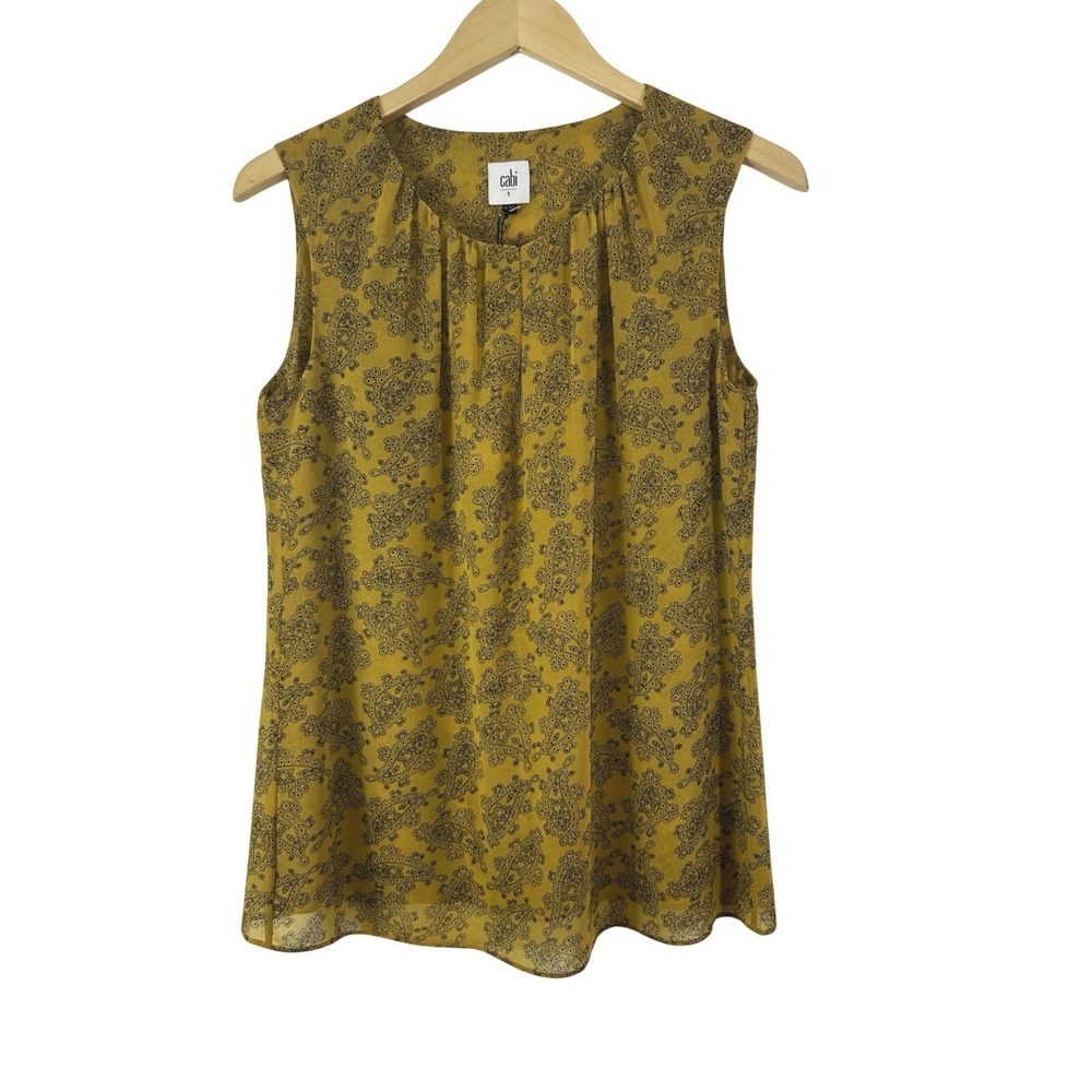 Cabi Shine Paisley Blouse Womens Small Mustard Yellow Black Lined Sleeveless Top